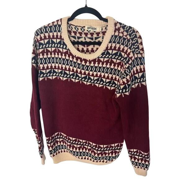 Unisex Size M Eptison Vintage 100% Cotton Fair Isle Knit Sweater Burgundy Cream - Picture 1 of 3